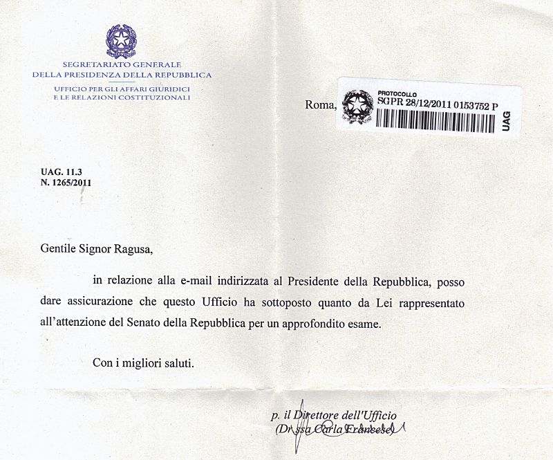 Risposta Segreteria del Quirinale 28-12-2011 0153752